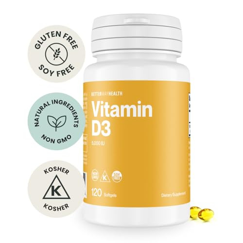 Better Way Health Vitamin D3 5000 IU  High Potency Softgel Vitamin D Supplement for Immune & Bone Health  Non-GMO, Dairy-Free, 120 Softgels