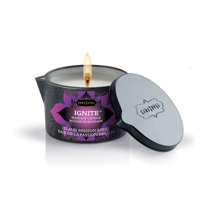 KAMA SUTRA Ignite Massage Candle - Coconut Oil and Soy Based - Island Passion Berry, 6 oz Candle Melts into a Warm Massage Oil, Couples Massage, Pour