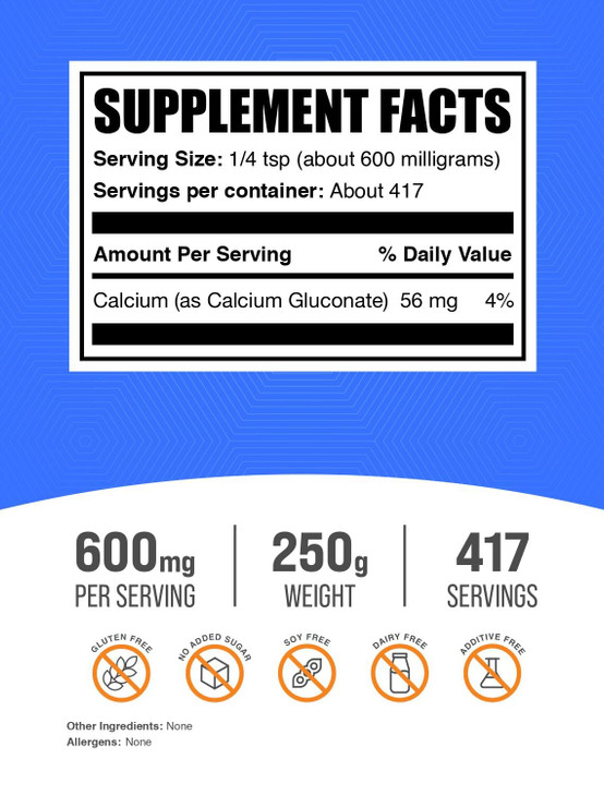 BulkSupplements.com Calcium Gluconate Powder - Calcium Supplement, Easily Absorbed - Unflavored & Gluten Free, 600mg per Serving, 250g (8.8 oz) (Pack