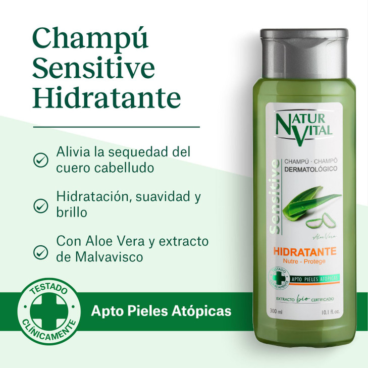 Natur Vital Sensitive Shampoo Moisturizer with Organic Grown Aloe Vera Extract Suitable for Dry, Treated Hair & Sensitive Scalp Hypoallergenic - 300