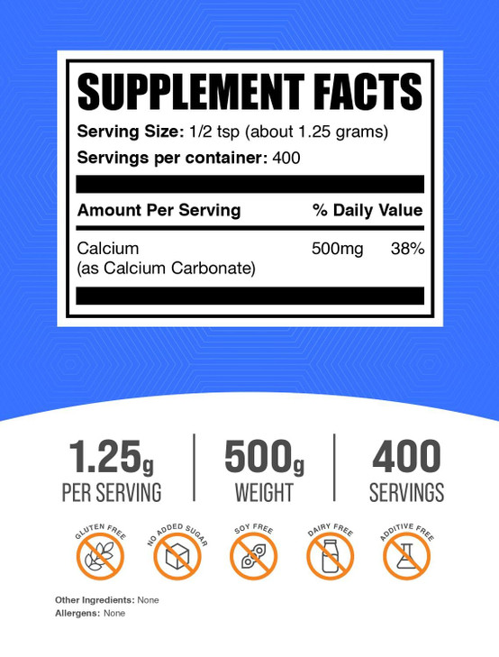 BulkSupplements.com Calcium Carbonate Powder - Calcium Carbonate Food Grade, High Absorption - Gluten Free, 1.25g per Serving, 500g (1.1 lbs) (Pack o
