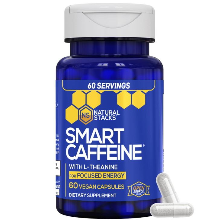 NATURAL STACKS Smart Caffeine Pills - 100mg Caffeine + 200mg L-Theanine Supplement - Supports Energy and Focus - No Jitters and No Crash - 60 Capsule