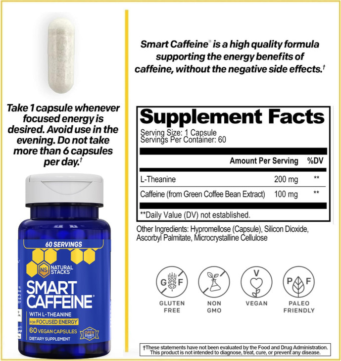 NATURAL STACKS Smart Caffeine Pills - 100mg Caffeine + 200mg L-Theanine Supplement - Supports Energy and Focus - No Jitters and No Crash - 60 Capsule