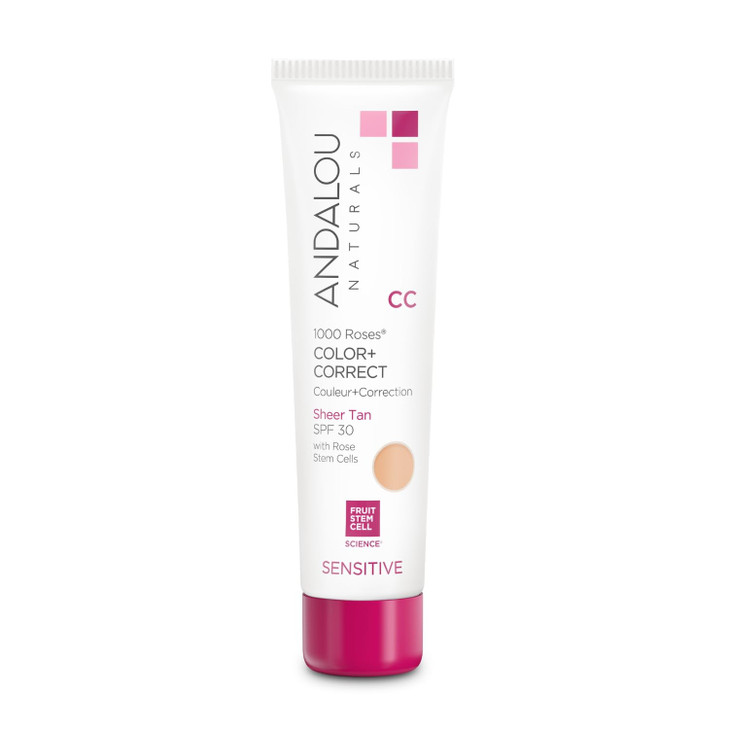 Andalou Naturals 1000 Roses CC Color + Correct with SPF 30, Sheer Tan, 2-in-1 Face Sunscreen + CC Cream for Sensitive Skin, Helps Correct Uneven Skin