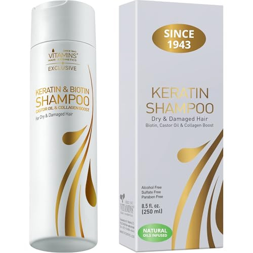 VITAMINS hair cosmetics Keratin Shampoo Sulfate Free - Hair Treatment for Dry Damaged Hair - Biotin and Collagen Shampoo with Castor Oil for Curly, W