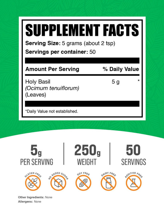 BulkSupplements.com Holy Basil Powder - Holy Basil Supplement, Holy Basil Leaf Powder - Tulsi Holy Basil, Herbal & Gluten Free, 5g per Serving, 250g