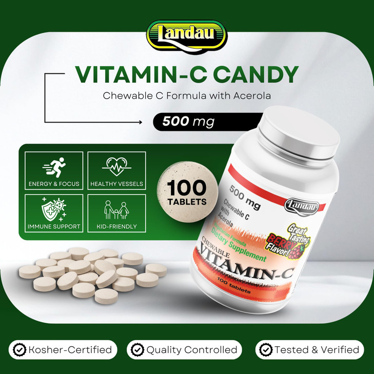 Landau 500mg Chewable Vitamin C Candy for Kids & Adults  Easy-to-Take Vitamin C Supplement with Acerola  Kosher & Made in The USA  Great Tasting B