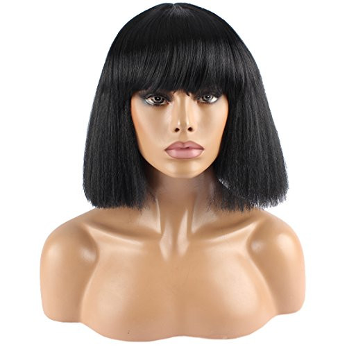 WeKen Halloween Wig Women Short Bob Kinky Straight Full Bangs Synthetic Black and White