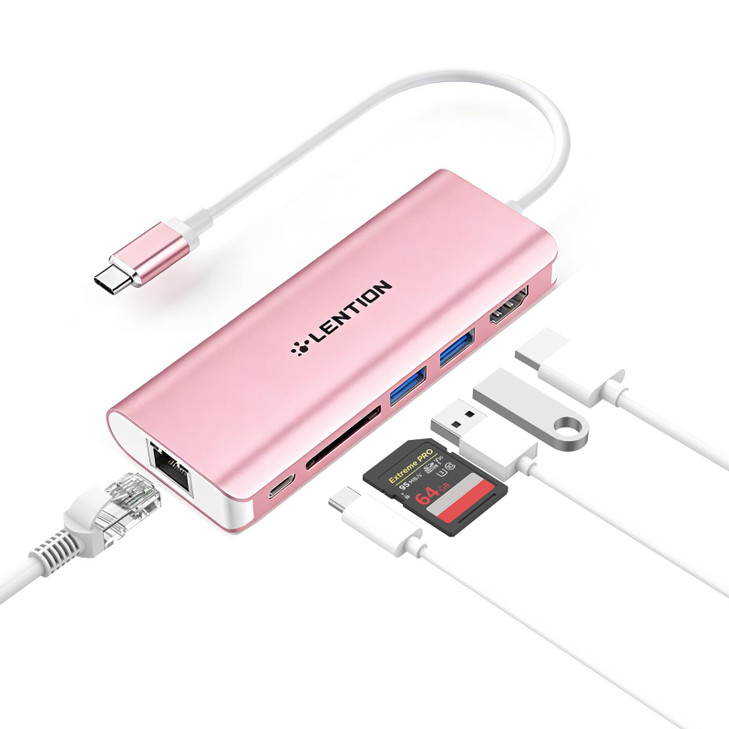 LENTION USB C Hub with 4K HDMI, SD Card Reader, 2 USB 3.0, Type C Charging & Ethernet Compatible 2025-2016 MacBook Pro, 2025-2018 Mac Air/Surface/Ste
