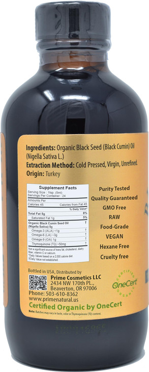 Prime Natural Organic Black Seed Oil 4oz - Cold Pressed Unrefined High Thymoquinone 1.7% USDA Certified - Turkish Origin Potent Nigella Sativa Liquid