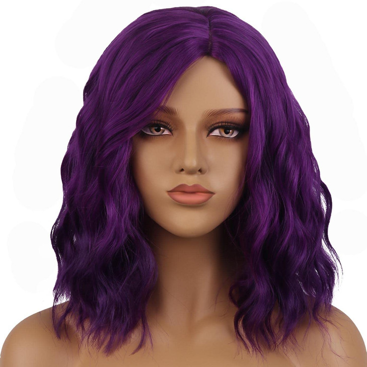 BERON Purple Wigs for Women Girls Short Curly Wavy Bob Wig Dark Purple Color Side Part Heat Resistant Synthetic Wigs for Cosplay or Daily Use with Wi