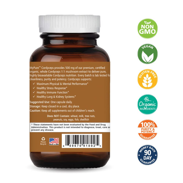 PURE ESSENCE LABS MyPure Cordyceps - Organic Mushroom Supplement - 100% Real Mushroom Extract - Best for Immune Support, Stress Relief, Build Energy