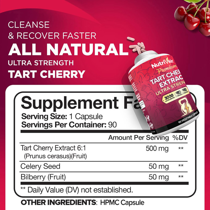 Nutrivein Premium Tart Cherry Capsules 3000mg: Ultra Strength Tart Cherry Extract Supplement for Post-Athletic Recovery, Detox, Rest, & Mobility