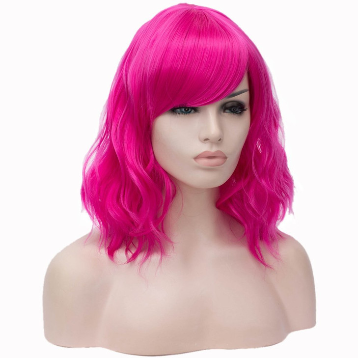 BERON 14 Inches Hot Pink Wig Womens Bob Curly Pink with Bangs Magenta for Women Halloween Cosplay for Daily Use Synthetic Wigs (Rose Pink)