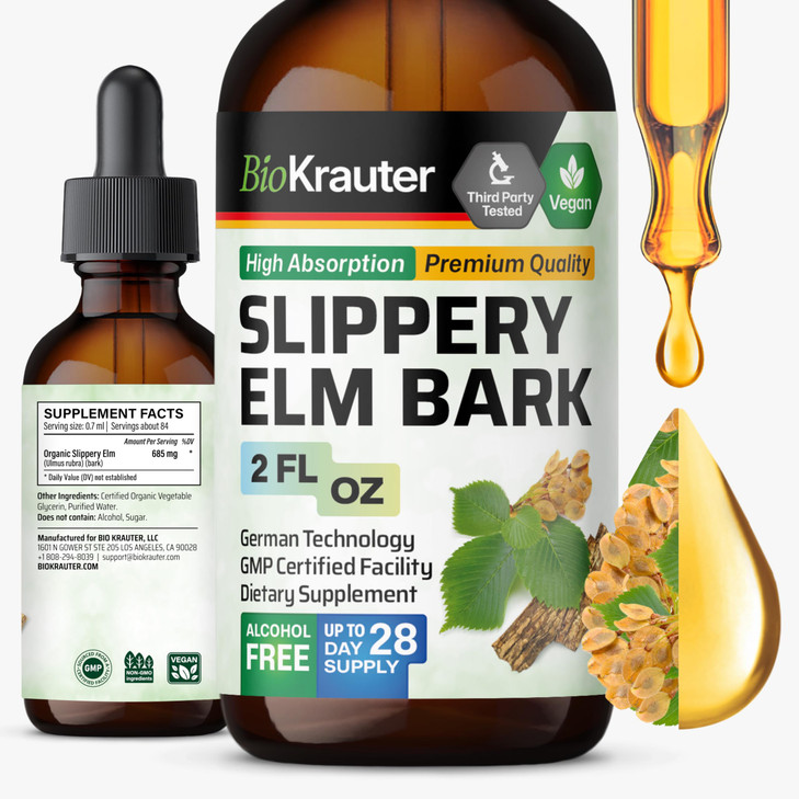 BIO KRAUTER Slippery Elm Bark Tincture - Pure Slippery Elm for Women & Men - 2 Fl.Oz. 28 Days of Supply - Vegan Liquid Drops for Lungs - Respiratory