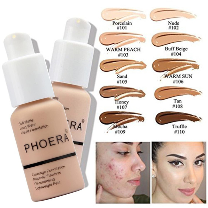 PHOERA 2 Pack Nude 102 Foundation & Primer Set, Full Coverage, Matte Finish, 24 HR Oil Control Concealer, Foundation Brush, Powder Brush, 5 Makeup Sp