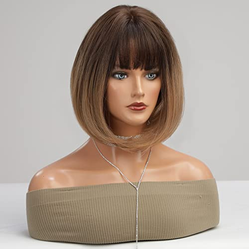 HAIRCUBE Ombre Brown Bob Wigs for Women Short Wigs with Bangs Synthetic Wigs