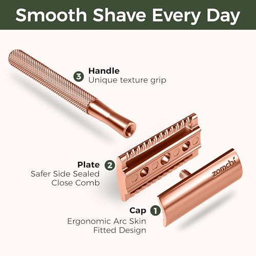 ZOMCHI Safety Razor for Men&Women with 5 Double Edge Safety Razor Blades, Double Edge Razor, Reusable Razor, Plastic Free  Rose Gold