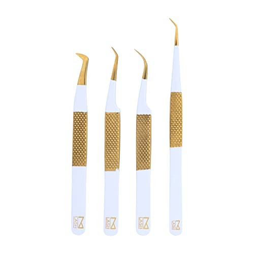 M LASH Tweezers for Eyelash Extensions (Set of 4) - Professional Lash Extension Tweezers - Fiber Tip, Japanese Steel, Diamond Grip Eyelash Extension