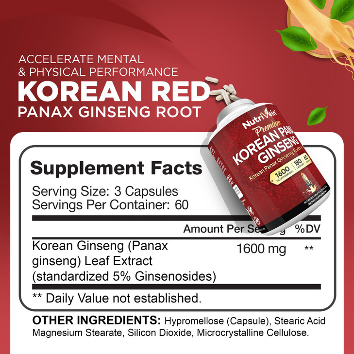 Nutrivein Korean Red Panax Ginseng 1600mg  Extra Strength Formula  180 Capsules  Boost Energy, Mental Focus & Immune Health Naturally
