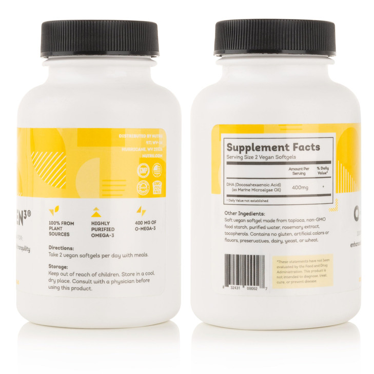Nutru O-Mega-Zen3 Vegan Omega 3 DHA Supplement - 400 mg DHA Essential Fatty Acids - Carrageenan Free - Premium Algal Based Fish Oil Alternative Suppl