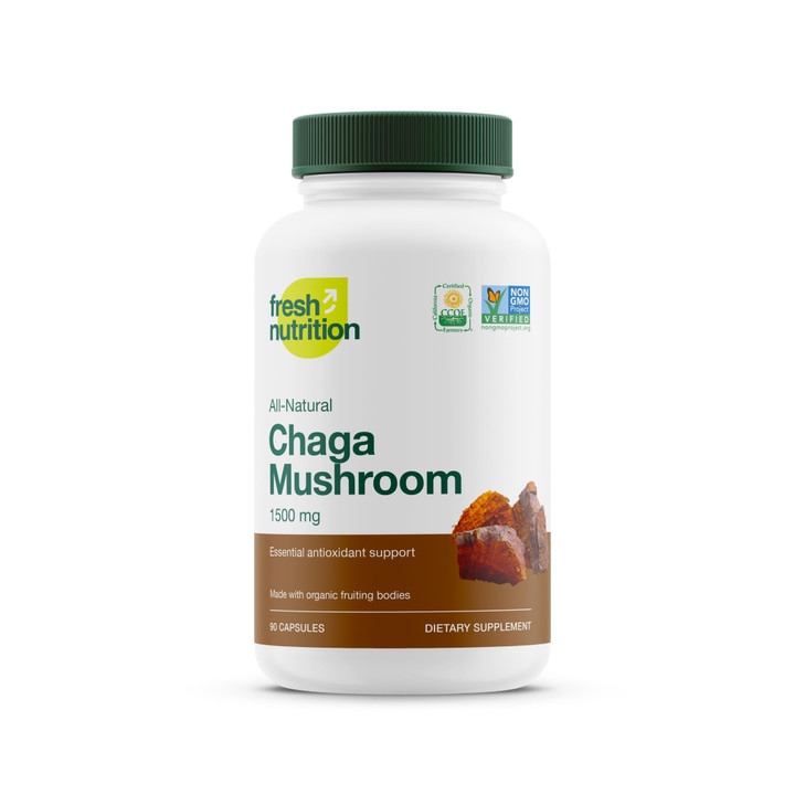 Fresh Nutrition Organic Chaga Mushrooms  Strongest DNA Verified 1500mg Per Serving  High in Fiber  Non GMO, Gluten & Soy Free, Vegan Friendly