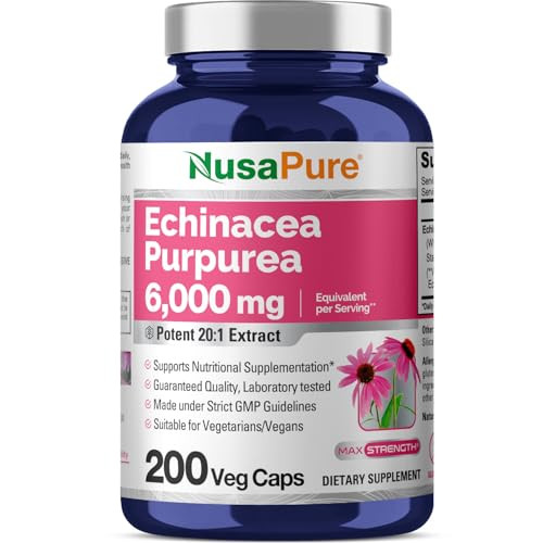 NusaPure Echinacea 20:1 Extract, 300 mg Equivalent to 6,000mg 200 Veggie Caps, Vegan, Non-GMO, Gluten Free Supplement