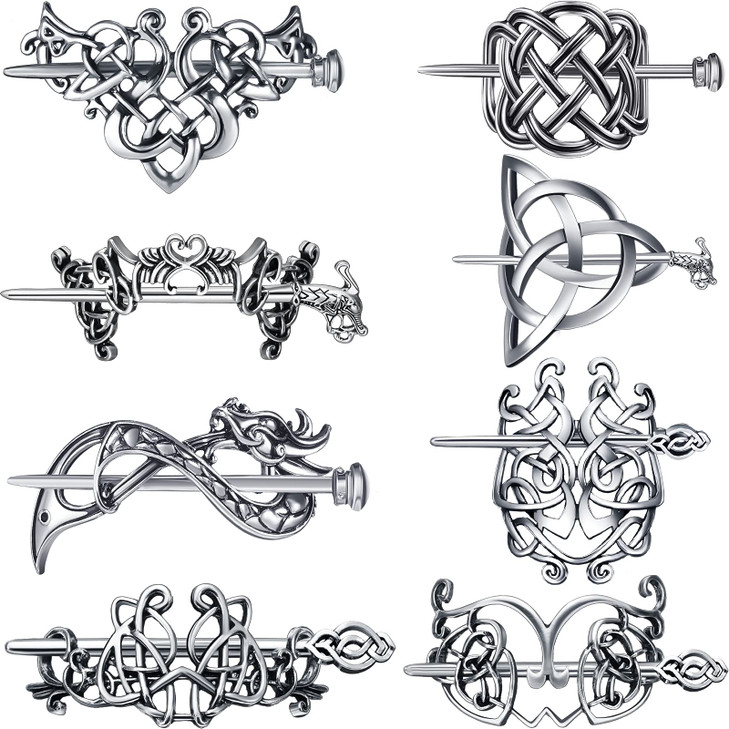 Syhood 8 Pcs Viking Celtic Hair Clips Vintage Knot Hair Stick Retro Silver Metal Celtic Barrette Hairpins Viking Jewelry Accessories for Women (Class