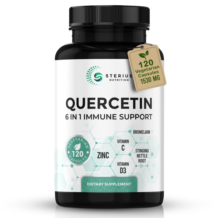 STERIUS NUTRITION 6 in 1 Quercetin with Bromelain, Zinc, Vitamin C, D3, Stinging Nettle Root - Bioflavonoids Quercetin 800mg - Antioxidant & Immune S