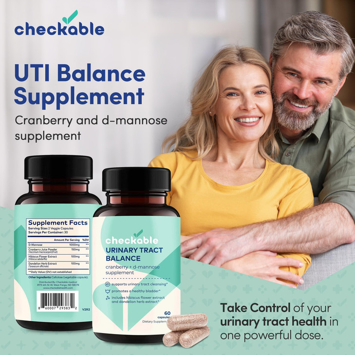 Checkable® Urinary Tract Balance - Bladder Health and Urinary Tract Cleanser Vitamins for Men and Women - 1350mg with D-Mannose and Cranberry - 60 Ca