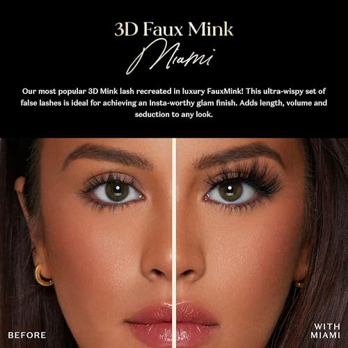 Lilly Lashes 3D Miami Faux Mink Strip Eyelashes, False Eyelashes Dramatic Look, Reusable False Lashes, Fake Lashes Pack, Lash Strips with Luxury Silk
