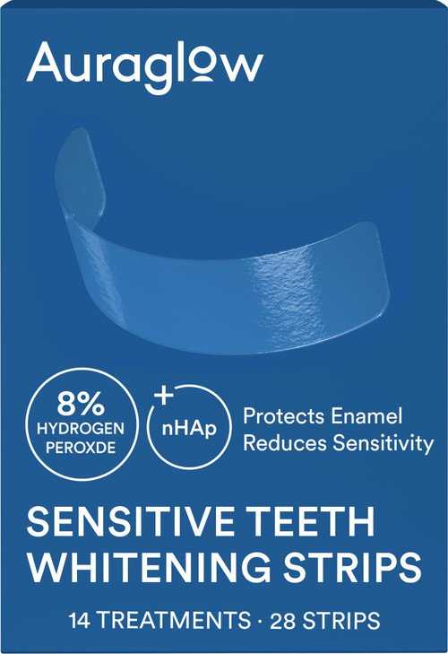 Auraglow Teeth Whitening Strips, Sensitive Whitening Strips, 14 Whitening Treatments, 8% Hydrogen Peroxide with Nano Hydroxyapatite (nHAp) to Reduce