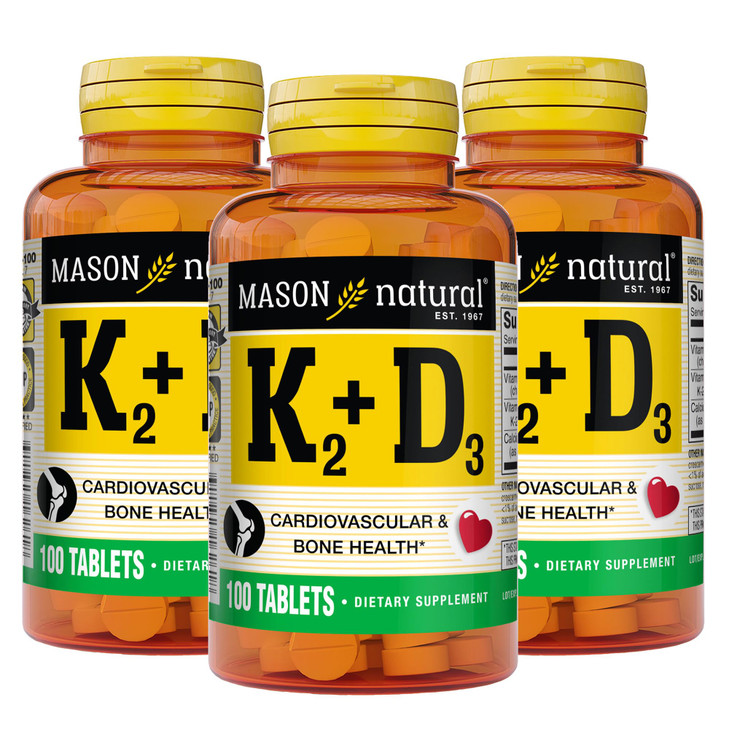 MASON NATURAL Vitamin K2 + D3, 300,Day Supply, with Calcium for Normal Bone and Muscle Support, 100 Tablets (Pack of 3)
