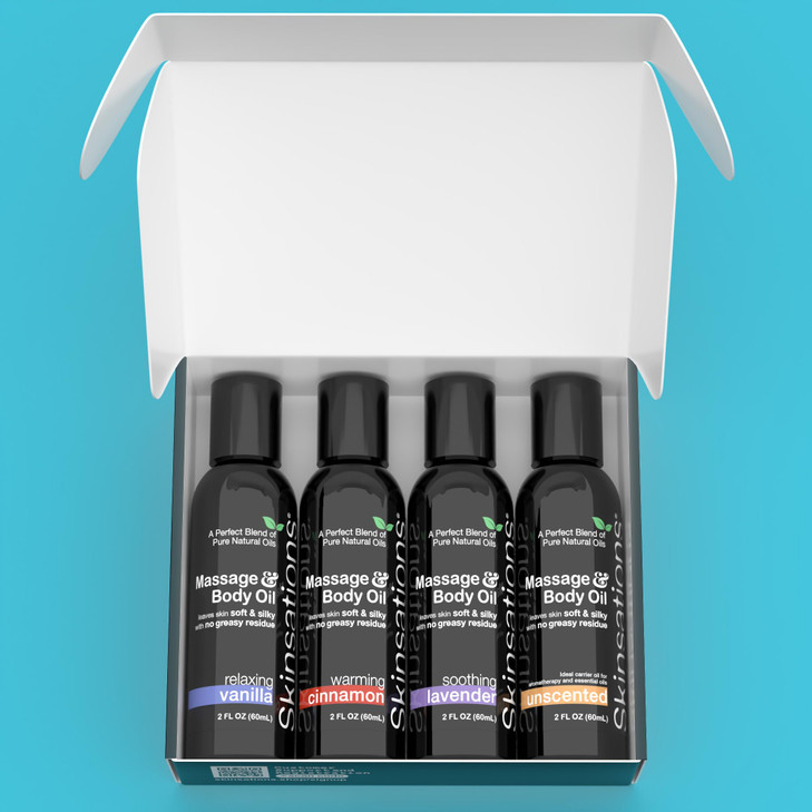 Skinsations - Massage Oil Kit (Set of 4, 2oz Each)  Travel-Size Variety Set with Vanilla, Cinnamon, Lavender & Unscented | Lightweight, Non-Greasy O