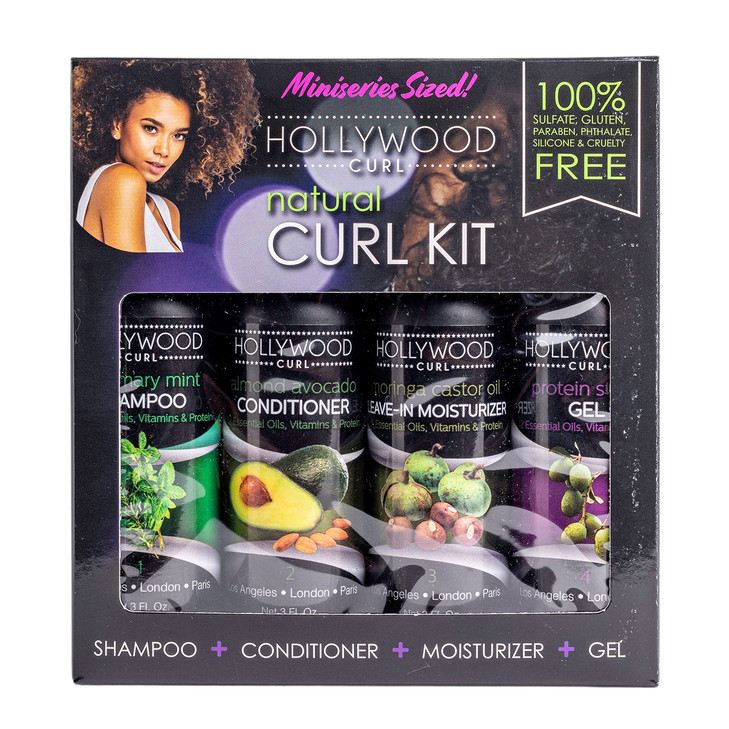 Hollywood Curl 4 Pack Natural Curl Styling Kit - Women and Men  Wavy and Frizzy Hair Control - w/Essential Oils, Vitamins, and Protein  Includes Sh