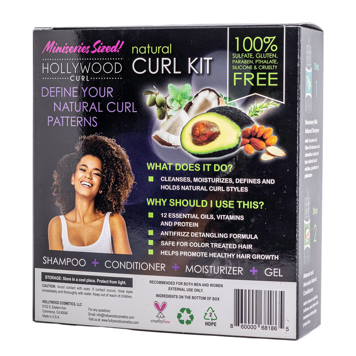 Hollywood Curl 4 Pack Natural Curl Styling Kit - Women and Men  Wavy and Frizzy Hair Control - w/Essential Oils, Vitamins, and Protein  Includes Sh