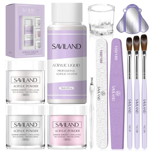 Saviland Acrylic Nail Kit for Beginner - 15g Clear/White/Pink Acrylic Powder & Liquid Set with Brush, Forms, Dappen Dish & Tools