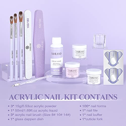 Saviland Acrylic Nail Kit for Beginner - 15g Clear/White/Pink Acrylic Powder & Liquid Set with Brush, Forms, Dappen Dish & Tools
