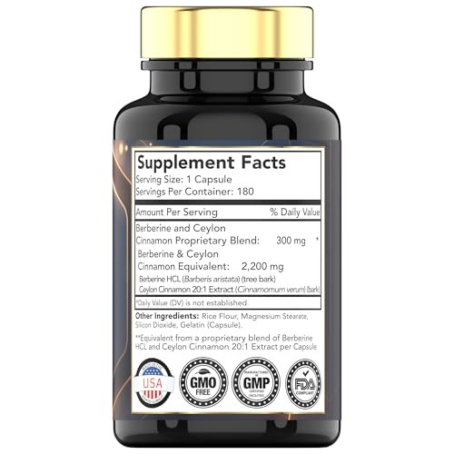 Berberine with Ceylon Cinnamon: 2200 mg Per Capsule - 180 Capsules | Natural Berberine Supplement for Cardiovasular & Circulatory System Health* | 6