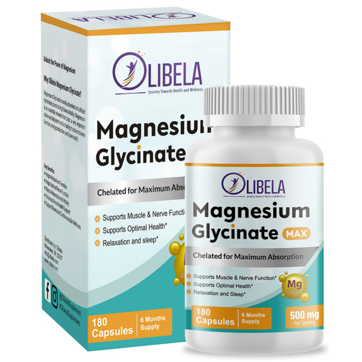 Olibela Magnesium Glycinate 500mg 180 Capsules Chelated. High Absorption to Support Relax, Sleep, Cardiovascular Health, Muscles, Sleep, & Heart Heal