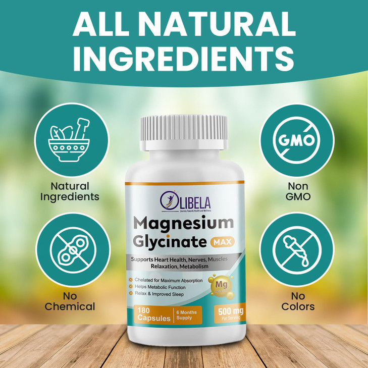 Olibela Magnesium Glycinate 500mg 180 Capsules Chelated. High Absorption to Support Relax, Sleep, Cardiovascular Health, Muscles, Sleep, & Heart Heal