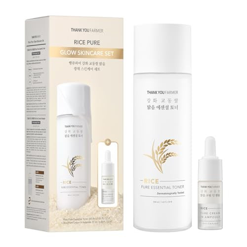 THANKYOU FARMER Rice Pure Skincare Set, Full Size Toner(7.03 fl oz) + Mini Size Ampoule(0.35 fl oz) Korean Skincare Set, Glass Skin