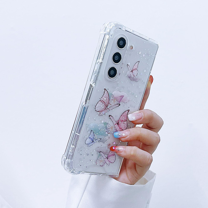 MUNDULEA Compatible with Samsung Galaxy Z Fold 5 Case Clear Cute Butterfly Pink Women Girly Sparkle Glitter Soft TPU + PC Shockproof Protective Phone