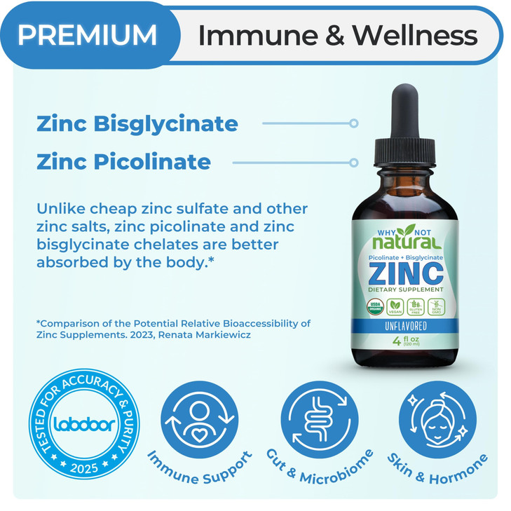 Organic Liquid Zinc Drops Supplement with Chelated Picolinate and Bisglycinate, Vegan