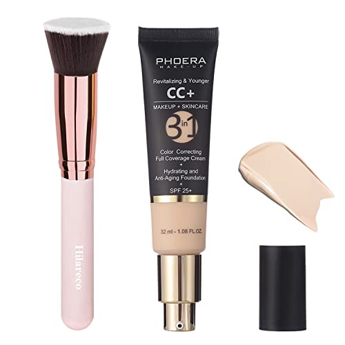 PHOERA CC Cream Foundation With SPF,PHOERA Full Coverage Foundation Color Correcting Cream,Anti Aging Hydrating Serum & SPF 25+ Sunscreen Natural Fin