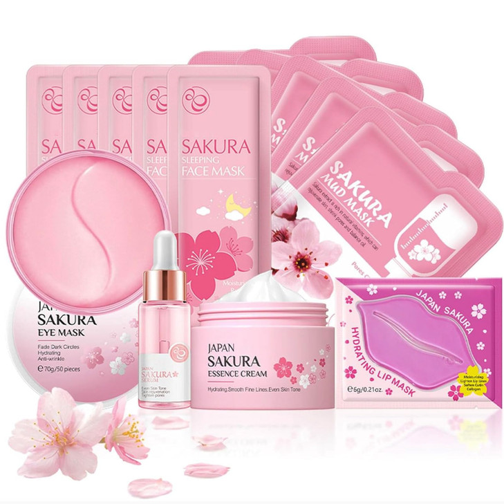 Sakura Skin Care Set, Skin Care For Teens 10-12, Travel Essentials Skincare Gift Set For Women - Cream, Serum, Eye Mask, Lip Mask, 5 Sleeping Mask, 5
