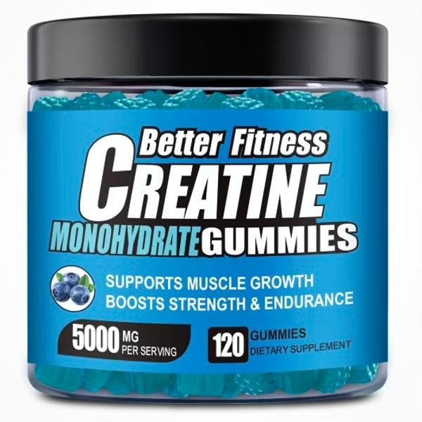 Better Fitness Creatine Monohydrate Infused Gummies, Blueberry Flavor, 120 Gummies, Muscle Growth, Strength, Energy, Pre-Workout, Vegan, Sugar-Free,