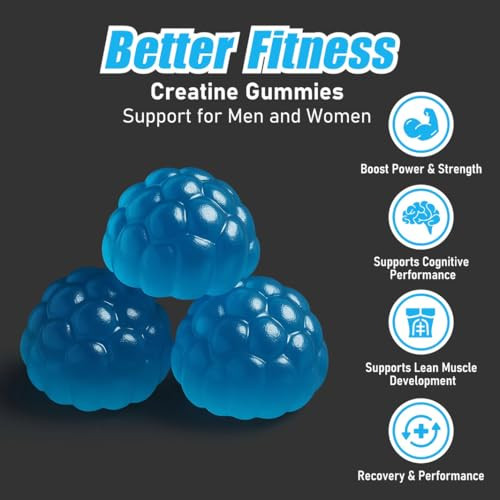 Better Fitness Creatine Monohydrate Infused Gummies, Blueberry Flavor, 120 Gummies, Muscle Growth, Strength, Energy, Pre-Workout, Vegan, Sugar-Free,
