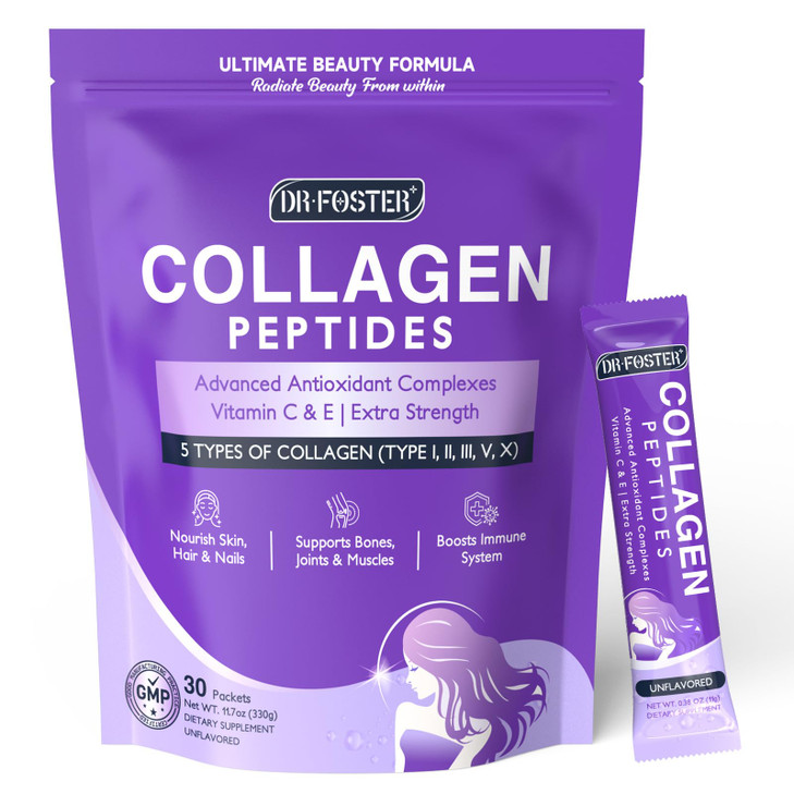 DRFOSTER Collagen-Peptides-Powder-Packets - Multi Type I II III V X Collagen for Women with Antioxidant Blend + Vitamin C & E for Skin, Hair, Nail &