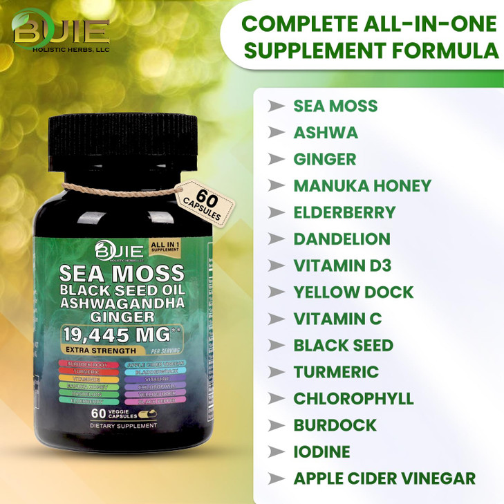 Sea Moss Capsules (Ginger) | 60 Capsules | Irish Moss with Black Seed Oil, Ashwagandha & Ginger | Seamoss Superfood for Energy, Immunity, Joint & Ski